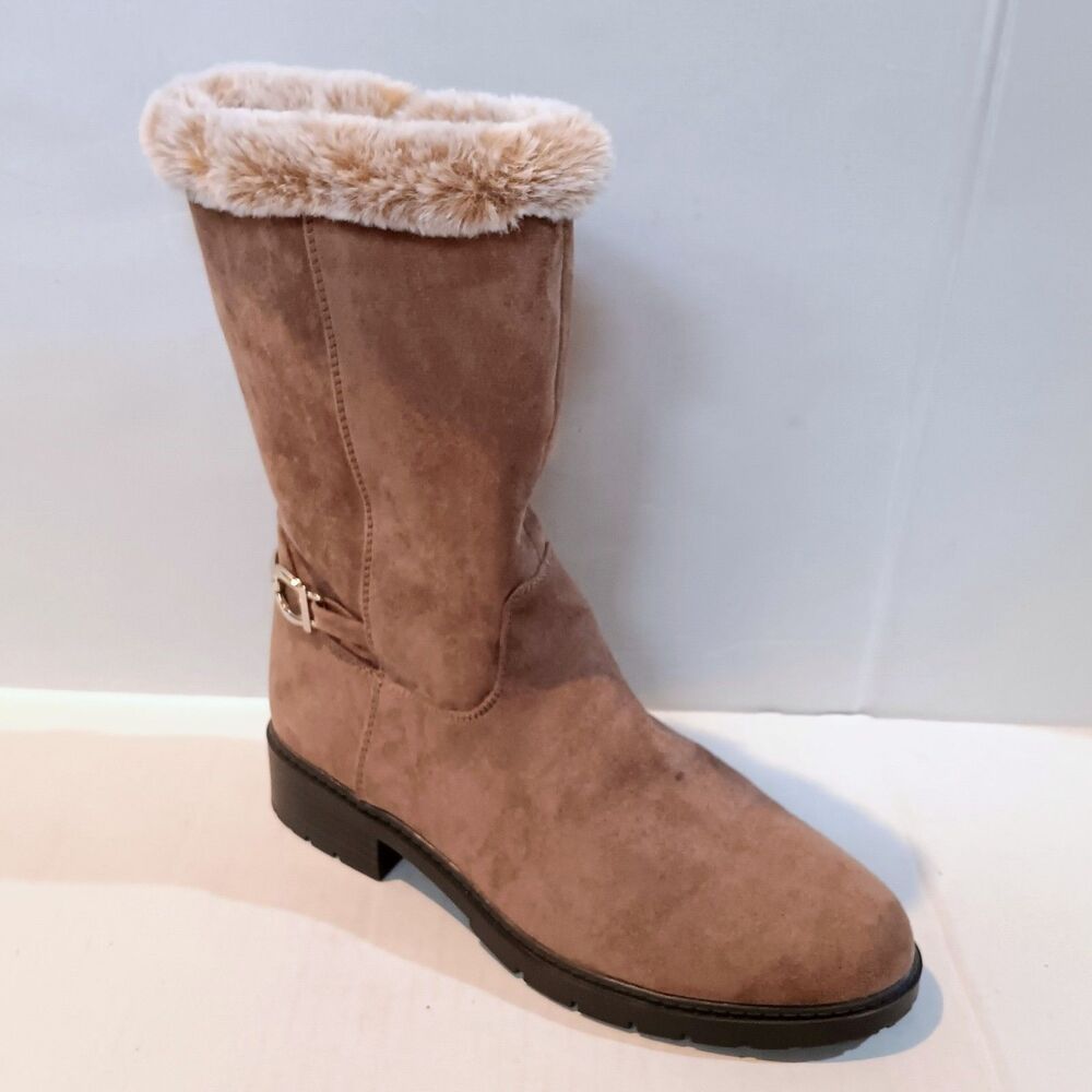 Anne Klein Filomena Faux Suede Mid Calf Boots-Size 8.5M-Faux Fur Lined-Tan-NEW